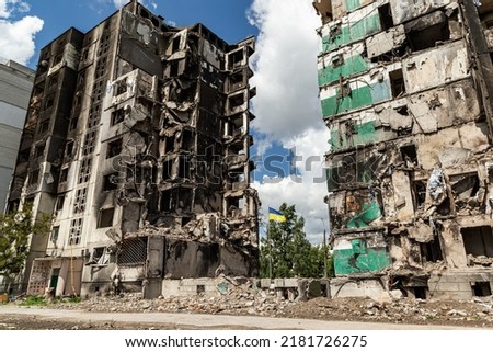 Footage of destruction after occupation by the Russian military and fighting in the 2022 war in Ukraine Royalty-Free Stock Photo #2181726275