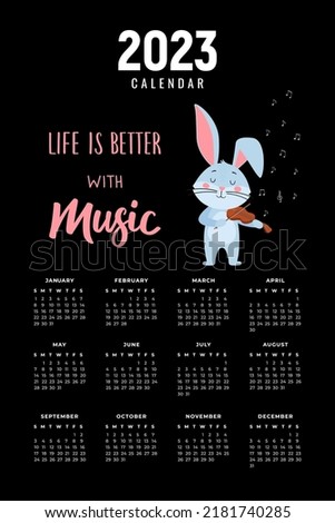 Ready-to-print vertical wall calendar for 2023 with a cute Rabbit, bunny or hare, the symbol of 2023 according to the Lunar calendar. The week starts on Sunday. Printable stock calendar template