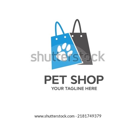 Pet shop logo design. Dog paw on bag, pet home, care, pet sitting, home animals, supermarket store vector design and illustration.
