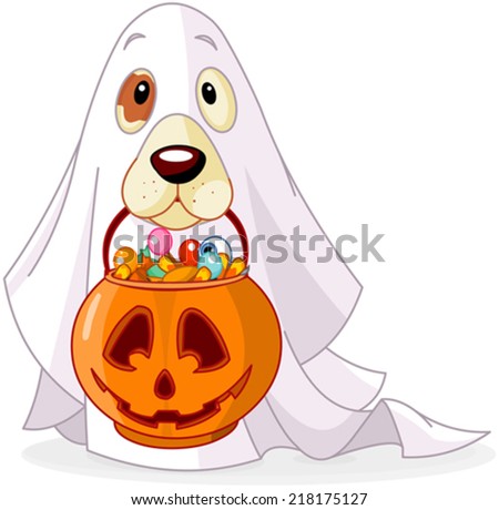 Halloween costumed dog holds pumpkin bag full candy 