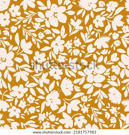 seamless vector repeat ditsy floral pattern in an off white colour on a brown background Royalty-Free Stock Photo #2181757983
