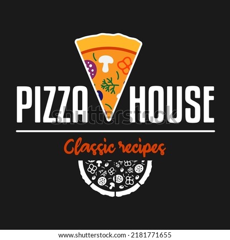 Pizzeria logo template. Pizza vector emblem on a chalkboard. Vector emblem for fast food, cafe, food delivery service or restaurant.