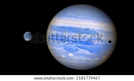 Planet Jupiter in blue light with moon Ganymede. Elements of this image were furnished by NASA. Royalty-Free Stock Photo #2181779467