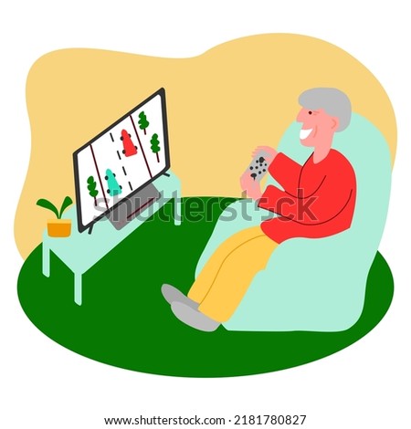 Old man playing game with cars on gamepad, elderly people using technology concept, vector