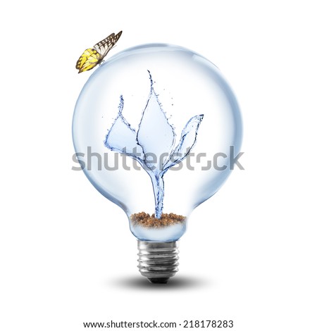 Light Bulb With Water Inside and butterfly on white background