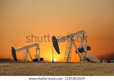 Oil field pumpjacks, or donkeys, in an oil field against a sunset sky