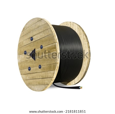 Wooden Coils Of Electric wire Outdoor. High and low voltage cables on white background. Large cable for electrical work. Royalty-Free Stock Photo #2181811851