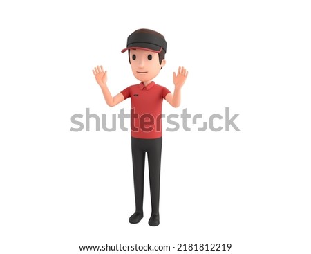 Fast Food Restaurant Worker character raising hands and showing palms in surrender gesture in 3d rendering.