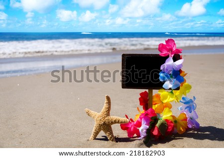 Nameplate with decoration and starfish on the sandy beach next to ocean