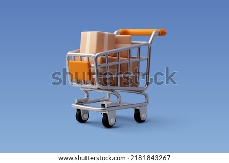 3d Vector Shopping Trolley with Parcel boxes, Shopping Online Concept. Eps 10 Vector. Royalty-Free Stock Photo #2181843267