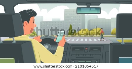 Man driving a car is distracted by the phone. Dangerous behavior of the driver on the road leading to a car accident. Vector illustration in flat style Royalty-Free Stock Photo #2181854517