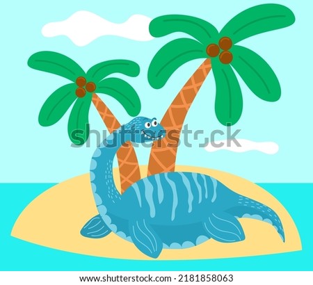 Dinosaur in jungle, prehistoric wild animal on tropical forest background with palm tree leaves. Jurassic period ancient creature, game personage dino monster, Cartoon vector illustration