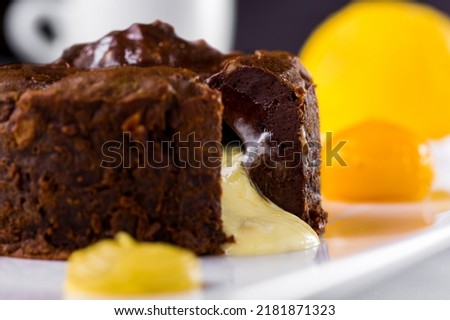 Chocolate fudge with jam and candied fruits on a white plate. Horizontal orientation
