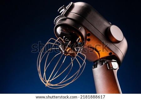Plated planetary mixer, whisk and bowl close up, kitchen helper