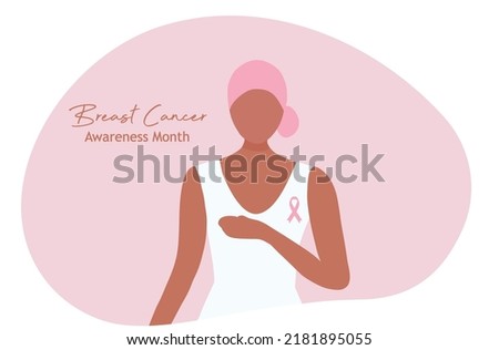 ฺBreast cancer awareness for love and support. Beautiful young women touching her breast with pink ribbon brooch vector illustration. Breast cancer concept background