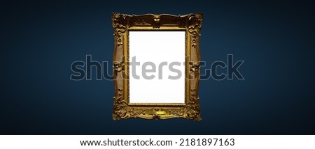 Antique art fair gallery frame on royal blue wall at auction house or museum exhibition, blank template with empty white copyspace for mockup design, artwork concept
