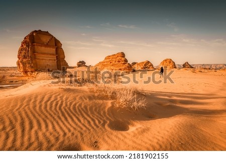 A picture of Al-Farid Palace in Al-Ula Governorate in the Kingdom of Saudi Arabia, rock formations in Saudi Arabia, tourist archaeological sites in Madain Saleh, tourism in Saudi Arabia Royalty-Free Stock Photo #2181902155