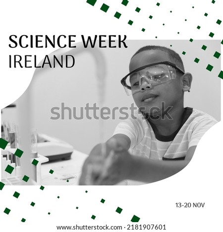 Composition of science week ireland text over african american boy in lab. Science week ireland concept digitally generated image.