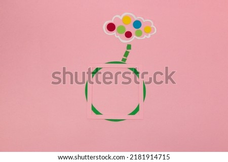 green circle with pink frame as copy space, cloud with colorful dots above, dot day, intelligence, creative art mdoerni design, minimal concept