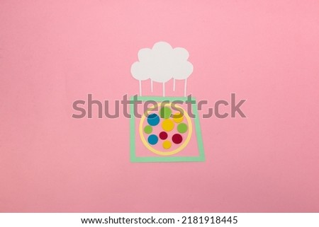 frame in which circle with colorful dots, creative art modern design, frame connected with cloud, pink background