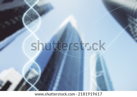 Virtual DNA symbol illustration on office buildings background. Genome research concept. Multiexposure