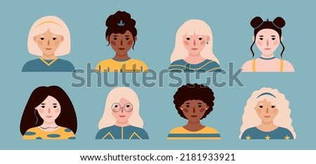 Eight different girls portraits. Set of vector hand drawn flat colourful illustrations