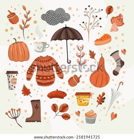 Seasonal autumn clip art set with fall elements. Pumpkins and tree orange leaves with stockings and cozy sweaters. Umbrellas and cakes with hot coffee cup 