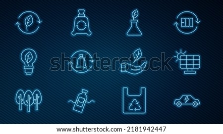 Set line Electric car, Solar energy panel, Plant breeding, Garbage bag with recycle, Light bulb leaf, Recycle symbol, Leaf hand and  icon. Vector
