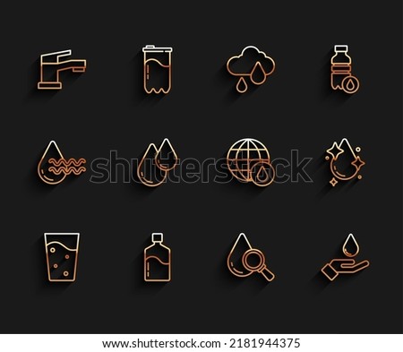 Set line Glass with water, Big bottle clean, Water tap, Drop and magnifying glass, Washing hands soap, drop,  and Earth planet icon. Vector
