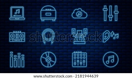 Set line Music note, tone, Ear listen sound signal, streaming service, Audio jack, DJ remote and mixing music, Laptop with, recording studio and Stereo speaker icon. Vector