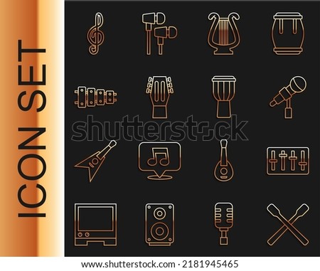Set line Drum sticks, Sound mixer controller, Microphone, Ancient lyre, Guitar, Xylophone, Treble clef and  icon. Vector