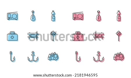Set line Fishing hook, Anchor, Radio with antenna, Rv Camping trailer, Bench, Parking, First aid kit and Guitar icon. Vector