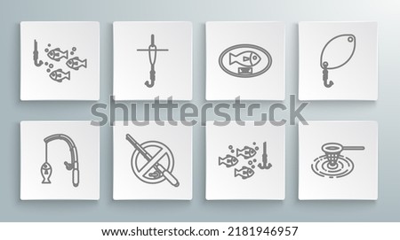 Set line Fishing rod and fish, hook float, No fishing, under water with, net, trophy hanging on the board, spoon and  icon. Vector