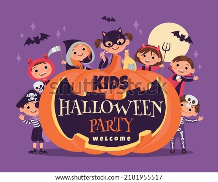 Halloween kids party. October festival poster. Funny boys and girls. Holiday horror costumes. Smiling pumpkin with invitation text. Cute children in monster outfits