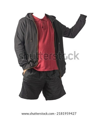black sweatshirt with iron zipper hoodie, dark red t-shirt and black sports shorts isolated on white background. casual sportswear