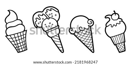 Cartoon set of doodle ice cream. Summer beach food vector funny illustration.