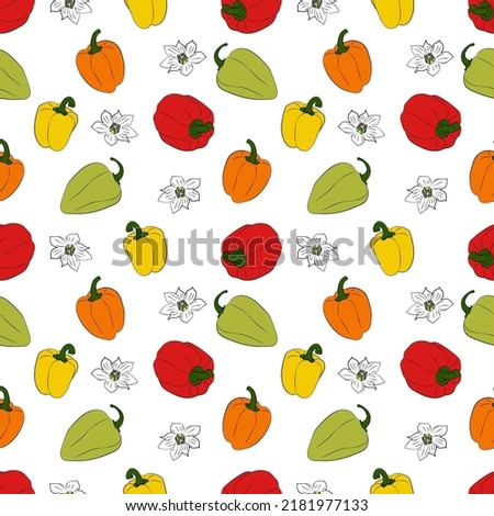 A set of seamless backgrounds with sweet peppers, leaves and flowers. Vector graphics