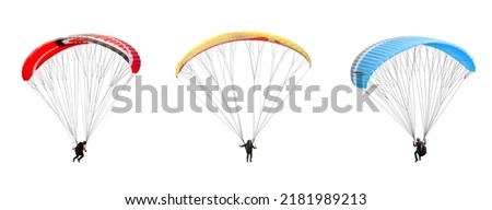 collection Bright colorful parachute on white background, isolated. Concept of extreme sport, taking adventure challenge. Royalty-Free Stock Photo #2181989213