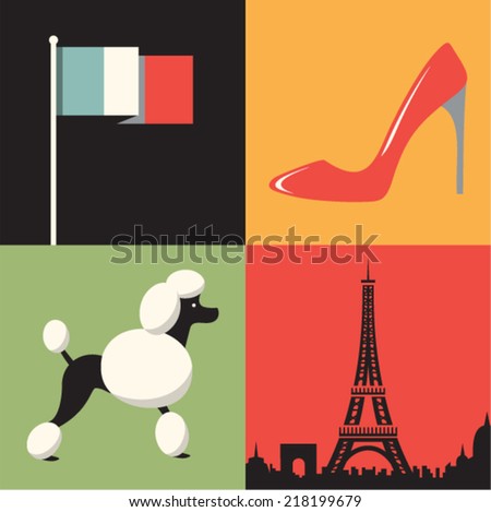 Vector illustration icon set of France: flag, fashion, dog, Paris