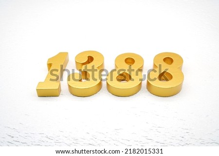   Number 1388 is made of gold painted teak, 1 cm thick, laid on a white painted aerated brick floor, visualized in 3D.                               