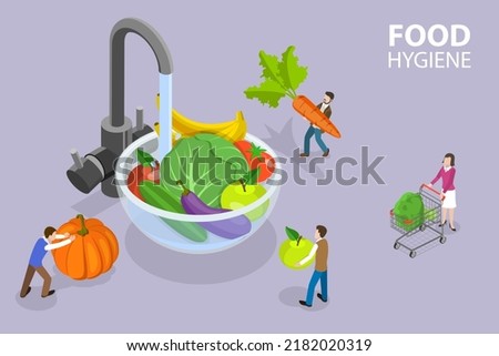 3D Isometric Flat Vector Conceptual Illustration of Food Hygiene, Washing Raw Foods Royalty-Free Stock Photo #2182020319