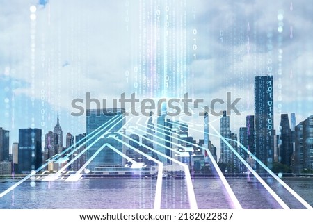 New York City skyline, United Nation headquarters over East River, Manhattan, Midtown at day time, NYC, USA. Artificial Intelligence concept, hologram. AI, machine learning, neural network, robotics