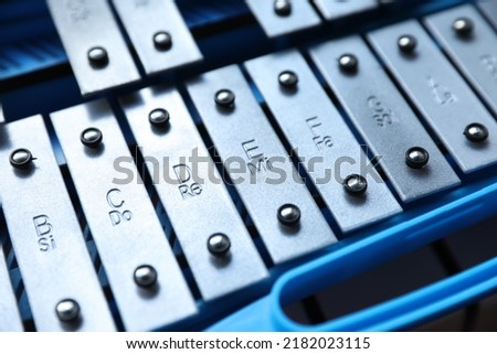 Closeup view of xylophone in light blue case