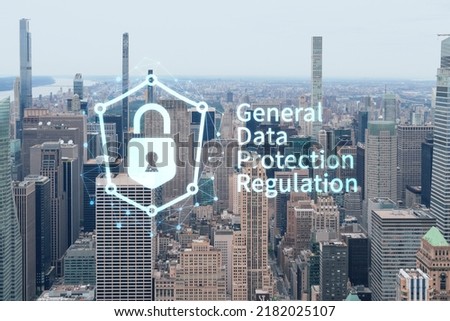 Aerial panoramic city view of Upper Manhattan and Central Park, New York city, USA. Iconic skyscrapers of NYC. GDPR hologram, concept of data protection regulation and privacy for all individuals