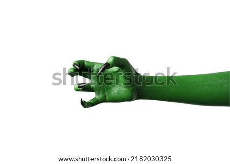 Halloween green color of witches, evil or zombie monster hand isolated on white background.