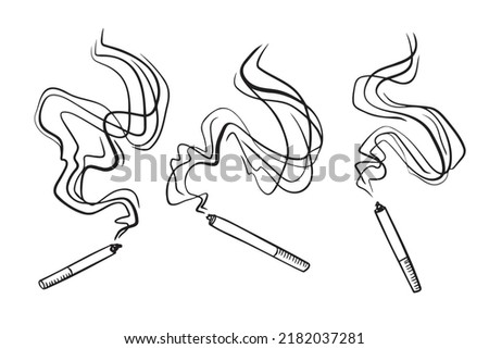 Cigarette drawing single one with a lot of thick smoke. Simple outline doodle hand drawn style. Vector illustration