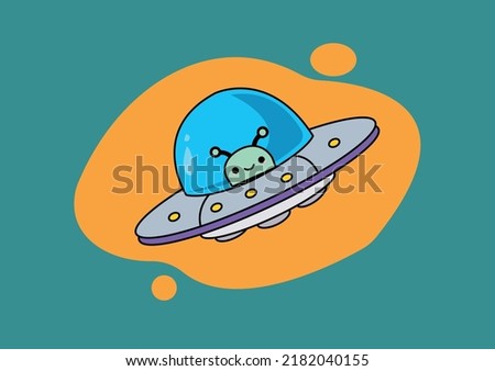 Illustration vector graphic cartoon character of cute alien UFO in Doodle Kawaii line art style. Cute aliens in spaceships collection. Space ufo characters set. Hand drawn monsters in the universe