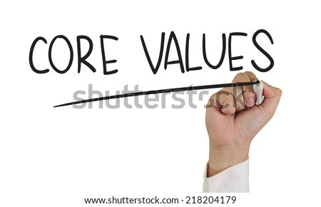 Business concept image of a hand holding marker and write Core Values words isolated on white Royalty-Free Stock Photo #218204179