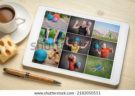 medicine and slam balls workout, reviewing a set of pictures on digital tablet featuring the same senior man, fitness over 60 concept