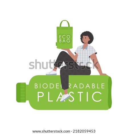 A man sits on a bottle made of biodegradable plastic and holds an ECO BAG in his hands. Concept of green world and ecology. Isolated on white background. Trend style.Vector illustration.